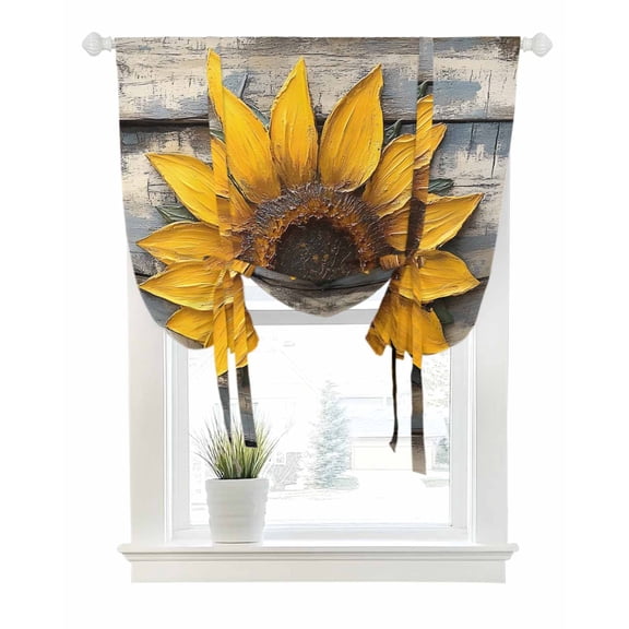 Retro Sunflower Tie Up Curtains for Window, Thermal Insulated Balloon Shade Adjustable Rod Pocket Curtains Valance Panels for Kitchen Bathroom Cafe 42 x 54 Summer Farmhouse Botanical Wood Floral