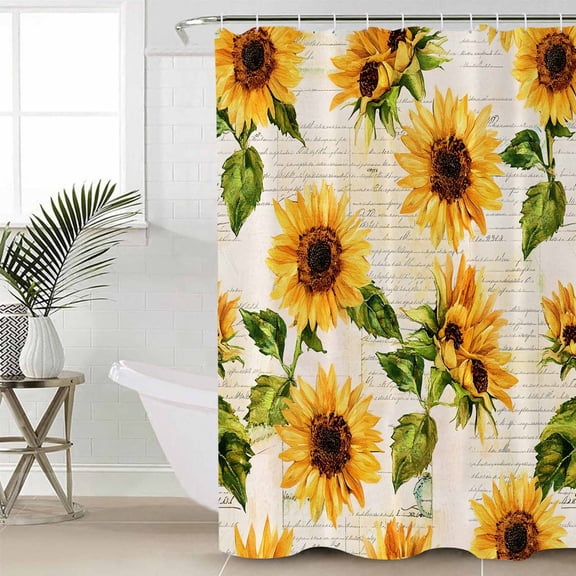 Retro Sunflower Waterproof Fabric Shower Curtain, Watercolor Letter Flowers Shower Curtain for Bathroom Curtains Bathtubs Hotel Washable Shower Curtains with 12 Hooks Standard 60x72