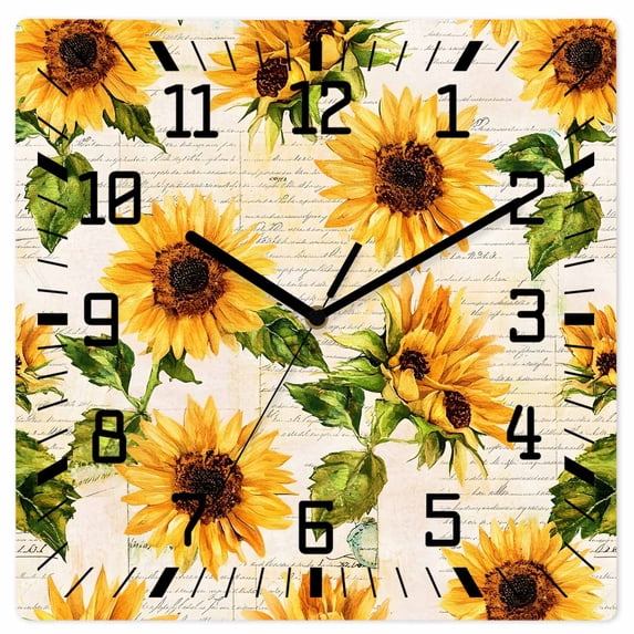 Retro Sunflower Wooden Wall Clock Silent Non Ticking, Watercolor Letter Flowers Square Wall Clocks Battery Operated, Decor Clock for Home Office, Living Room, Kitchen, 12 Inch