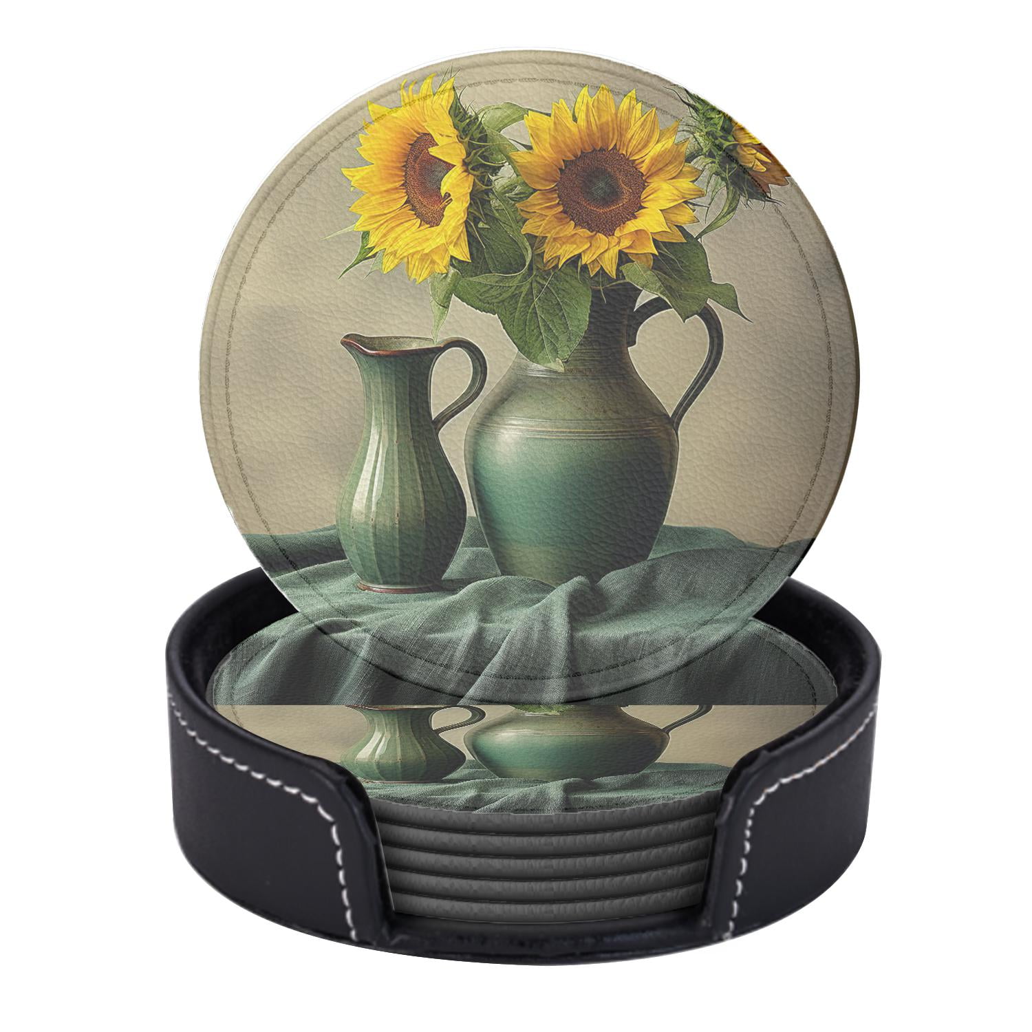 Retro Sunflower Yellow Floral Beautiful Drawing Waterproof Coasters Set