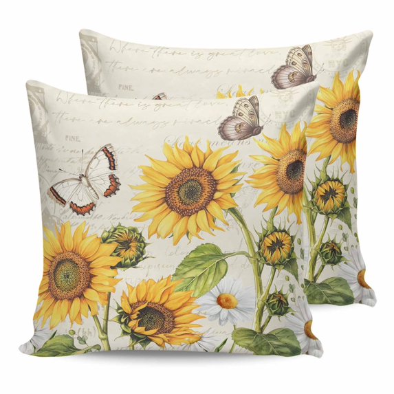 Retro Sunflowers 16x16 Pillow Covers Set of 2, Rustic Floral Butterflies Spring Summer Throw Pillow Covers Decorative Couch Cushion Case, Microfiber Square Pillowcases for Bedroom Car Living Room