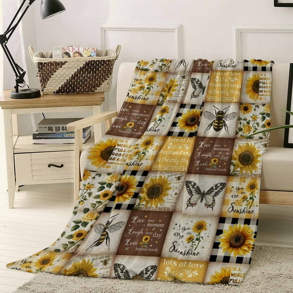 Retro Sunflowers Butterfly Bee Farmhouse Plaid Patchwork Throw Flannel Blanket 40x50In Super Soft Cozy Bed Blanket, Lightweight Plush Fuzzy Bed Throw for Bedroom Sofa Couch Living Room