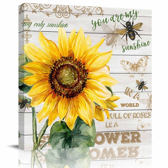 Retro Sunflowers Framed Canvas Wall Art, Yellow Floeal YOU ARE MY SUNSHINE Wood Grain Wall Art Painting for Living Room Bedroom Home Decor, 8”x8”, Office Artwork Print