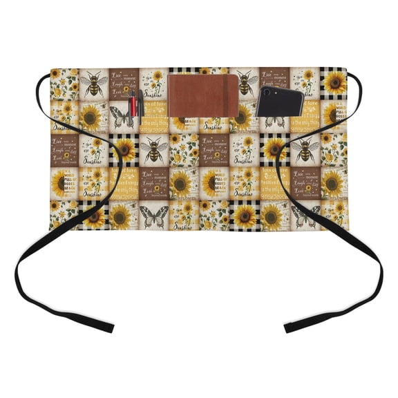 Retro Sunflowers Half Waist Apron Butterfly Bee Farmhouse Plaid Patchwork Short Waiter Aprons with 3 Pockets for Women Men Kitchen Restaurant Cooking