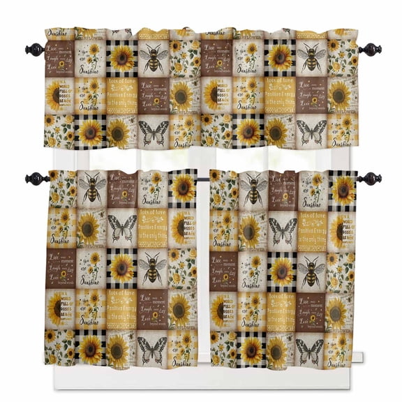 Retro Sunflowers Kitchen Curtains Valance and Tier Set Butterfly Bee Farmhouse Plaid Patchwork Rod Pocket Short Curtains for Small Window 3 Pieces Set for Bedroom Bathroom Cafe (54" x 18"+27" x 24")