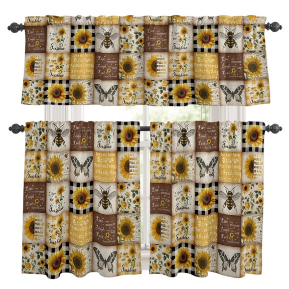 Retro Sunflowers Kitchen Curtains and Valances Set, Butterfly Bee Farmhouse Plaid Patchwork 3 Piece Curtains Valances and Tiers Set Rod Pocket for Kitchen Bathroom Windows 24 Inch