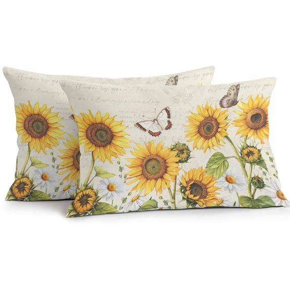 Retro Sunflowers Lumbar Pillow Covers 20x12 Inch Set of 2, Rustic Floral Butterflies Spring Summer Waterproof Outdoor Pillow Covers, Decorative Cushion Pillowcases for Couch, Sofa, Bed, Garden, Patio