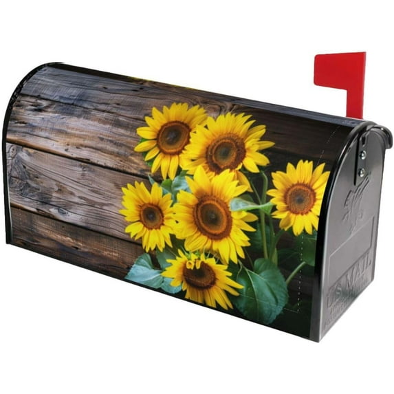 Retro Sunflowers Mailbox Covers, Wood Magnetic Post Box Cover Wraps Standard Size 21x18 in for Garden Yard Decor