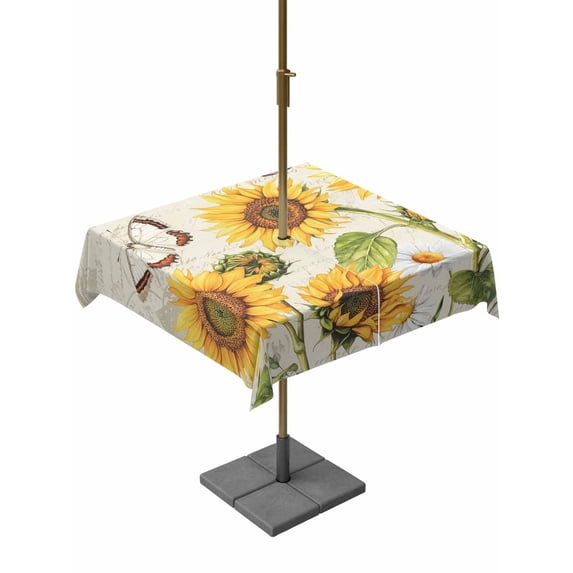 Retro Sunflowers Outdoor Tablecloth with Umbrella Hole, Rustic Floral Butterflies Spring Summer Spillproof Waterproof Outdoor Table Cover, Patio Tablecloths for Party/Garden/Picnic, Square 60"x60"