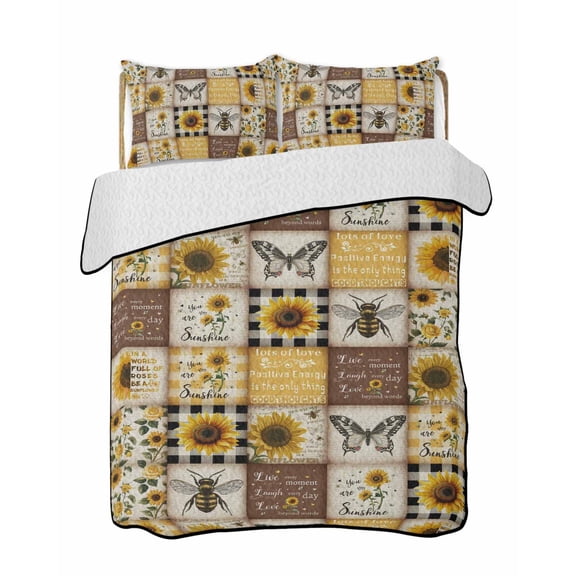 Retro Sunflowers Quilts Bedding Set Full Size Butterfly Bee Farmhouse Plaid Patchwork Lightweight Quilted Bedspread 3 Piece Bed Quilt with 2 Pillow Shams All Season for Bedroom 68" x 98"