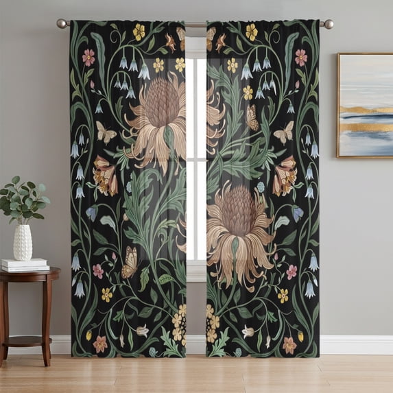 Retro Sunflowers Sheer Curtains 96 Inch Length 2 Panels Set, Abstract Rustic Botanical Floral Green Voile Window Treatment Semi Sheer Long Curtains Drapes for Bedroom/Living Room/Kitchen 52"x96"x2