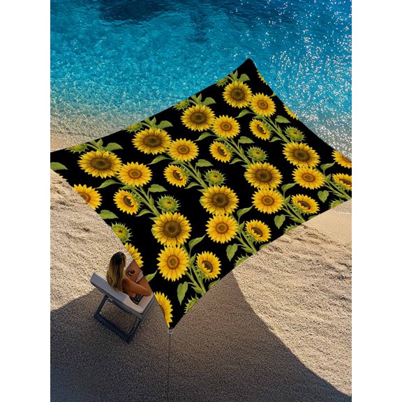 Retro Sunflowers Sun Shade Sail 6.5' x 10', Summer Yellow Floral Black Background Rectangle Outdoor Sunshade Canopy, Waterproof UV Block Patio Covers for Garden Yard Beach