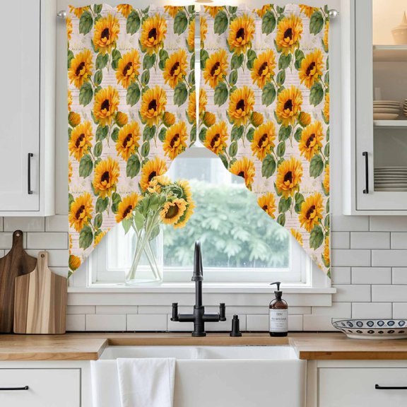 Retro Sunflowers Swag Curtain Valance for Windows, Yellow Flowers Old Newspaper Background Window Treatments Short Swag Topper for Kitchen Windows Bathroom Bedroom, 36"x36"