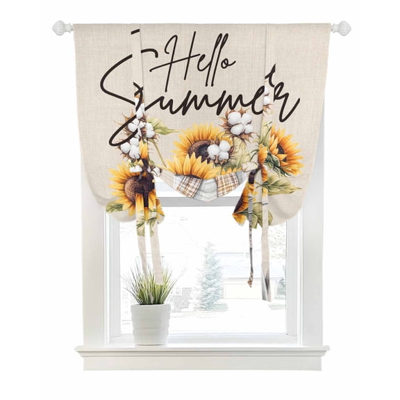 Retro Sunflowers Tie Up Curtains for Window, Thermal Insulated Balloon Shade Adjustable Rod Pocket Curtains Valance Panels for Kitchen Bathroom Cafe 52 x 63 Country Summer Spring Botanical Floral