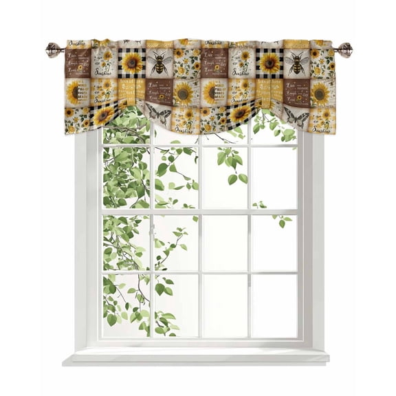 Retro Sunflowers Tie Up Valances Curtain, Adjustable Kitchen Butterfly Bee Farmhouse Plaid Patchwork Valances for Windows Decor, Rod Pocket Short Curtains Set for Bedroom/Bathroom, 60"x18"