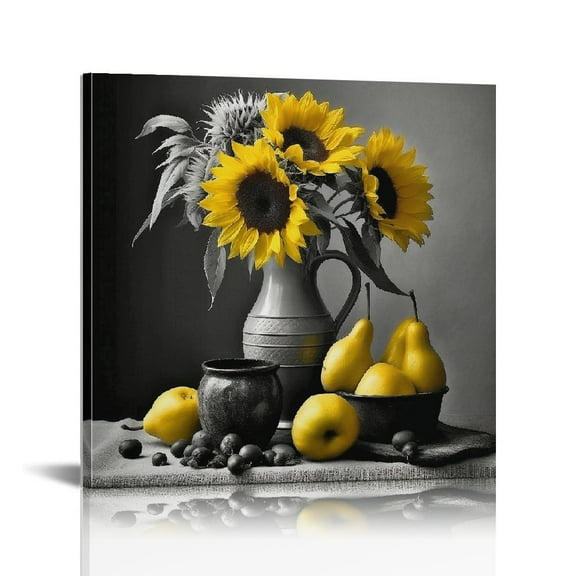 Retro Sunflowers Wall Decor Black and White Wall Art Still Life Canvas Oil Painting Framed Fruit Flower Picture Home Decoration for Kitchen