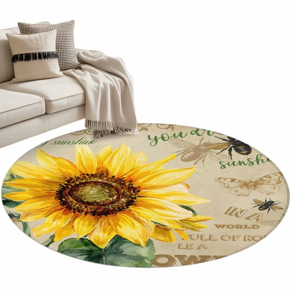Retro Sunflowers Washable Round Area Rug 4 ft, Yellow Floeal YOU ARE MY SUNSHINE Bee Brown, Soft Non Slip Rugs Stain Repellent Indoor Felt Carpet for Living Dining Room Bedroom Home Office