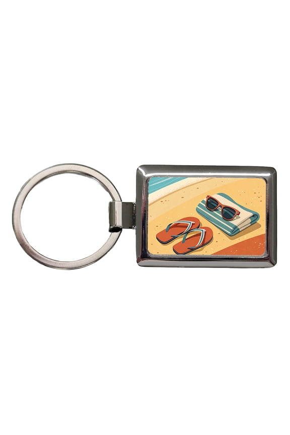 Retro Sunglasses Flip Flops Towel On Sand Beach Ocean Metal Rectangle Keychain