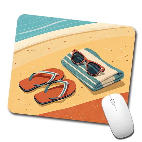 Retro Sunglasses Flip Flops Towel On Sand Beach Ocean Mouse Pad Low Profile Gaming Mat