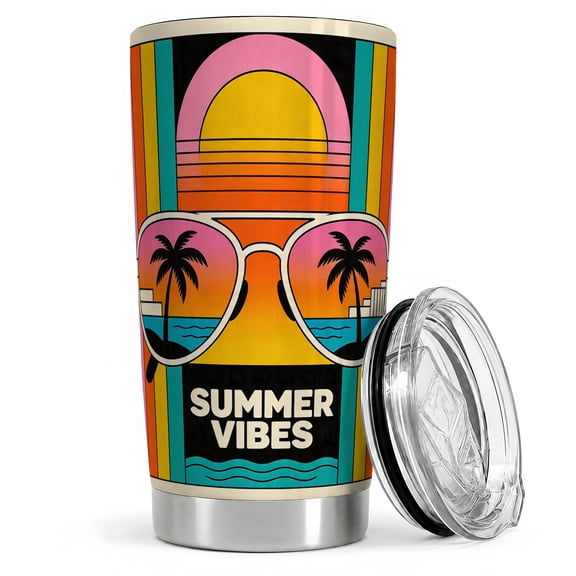 Retro Sunglasses Sunset 20oz Tumbler, Tropical Palm Tumbler, Daily Coffee and Travel Drinkware, Beach Reflection Scene, Colorful Coastal Art, Ocean Lovers and Vacation Enthusiasts