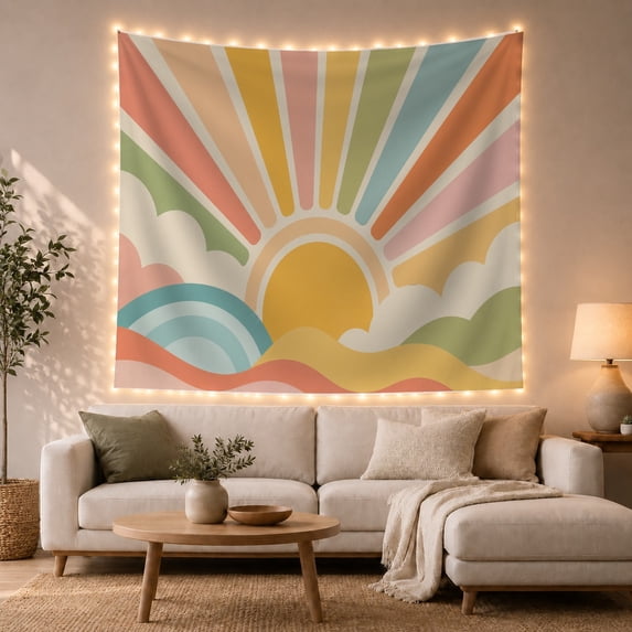 Retro Sunrise Over Wavy Hills on Light Cream Background, Nostalgic Illustration for Art Lovers, Flat Graphic Landscape Art, Housewarming Gift Tapestry Wall Hanging for Bedroom and Living Room