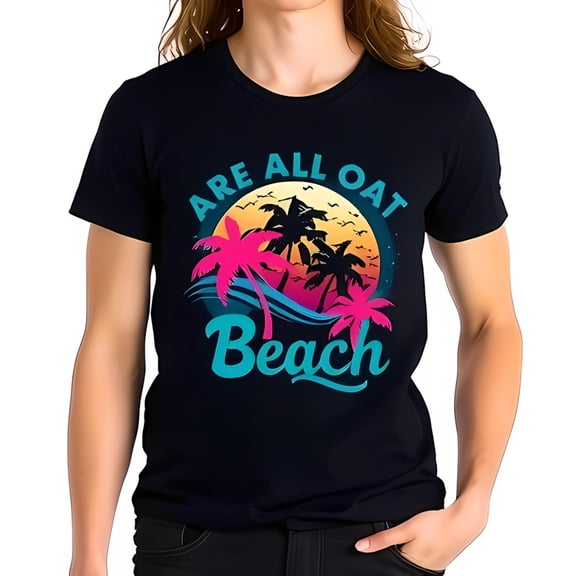 Retro Sunset Beach Graphic T-Shirt - Navy Blue Cotton Short Sleeve Tee with Pink & Teal Trees and Fun " ARE ALL OAT BEACH " Phrase