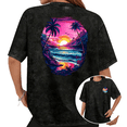 thumbnail image 1 of Retro Sunset Beach Graphic Tees T-shirt Vibrant Tropical Palm Tree Ocean Tops Round Neck Black S-2XL Plus Size, 1 of 5