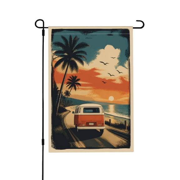 Retro Sunset Beach Scene Garden Flag Orange Van Tropical Home Decor Outdoor Lawn Decoration 12x18 in