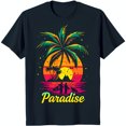 Retro Sunset Beach Scene Graphic on Black TShirt Fun 'Paradise' Design
