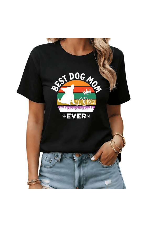 Retro Sunset Best Dog Mom Ever Chihuahua Fist Bump Graphic Tees Womans Tshirt Shirts Black White S-5XL Tops