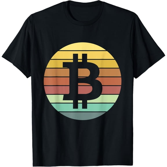 Retro Sunset Bitcoin Logo Cryptocurrency Satoshi Nakamoto T-Shirt men and women can wear, black, white, gifts