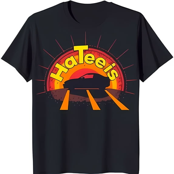 Retro Sunset Car Black T-Shirt with 'HATEES' Design Vintage Style