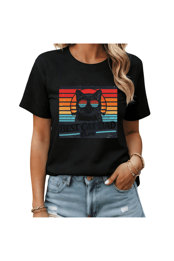 Retro Sunset Cat Dad Cat Head Silhouette Graphic Tees Mens Tshirt Shirts Black White S-5XL Tops