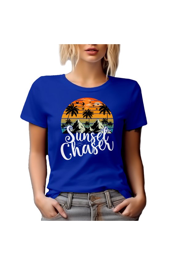 Retro Sunset Chaser with Palm Trees & Mountains - Sunset View Lover, Royal Blue T-Shirt, Medium