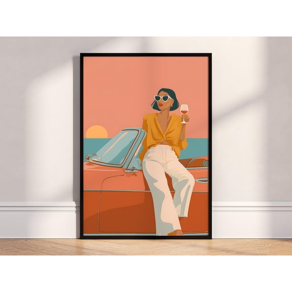 Retro Sunset Drive Woman With Wine Modern Minimal Art, Unframed Poster