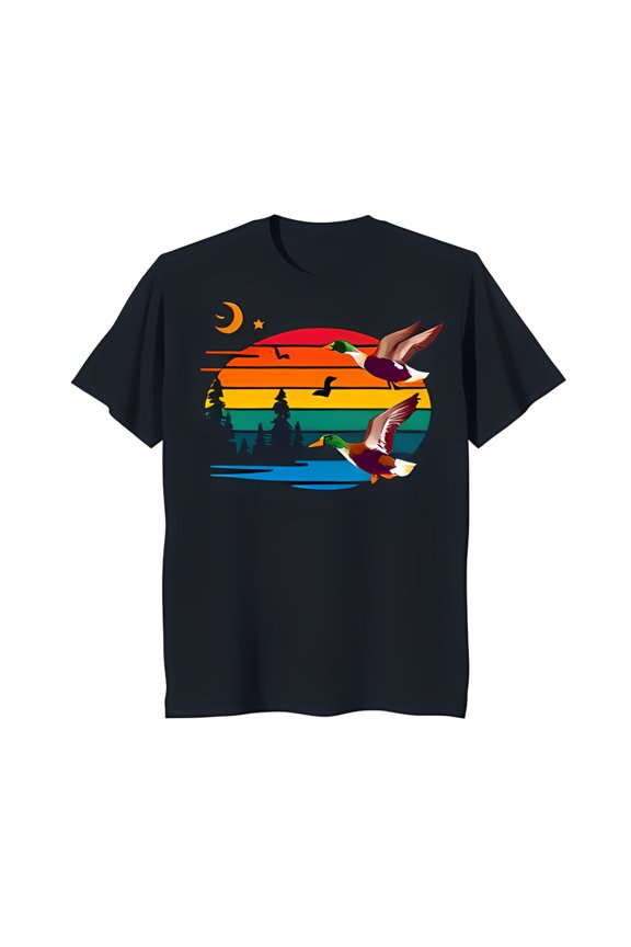 Retro Sunset Ducks T-Shirt Dark Blue with & Stars Design