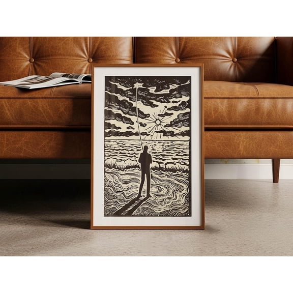 Retro Sunset Fishing Wall Art, Unframed Paper Print Size 8x12