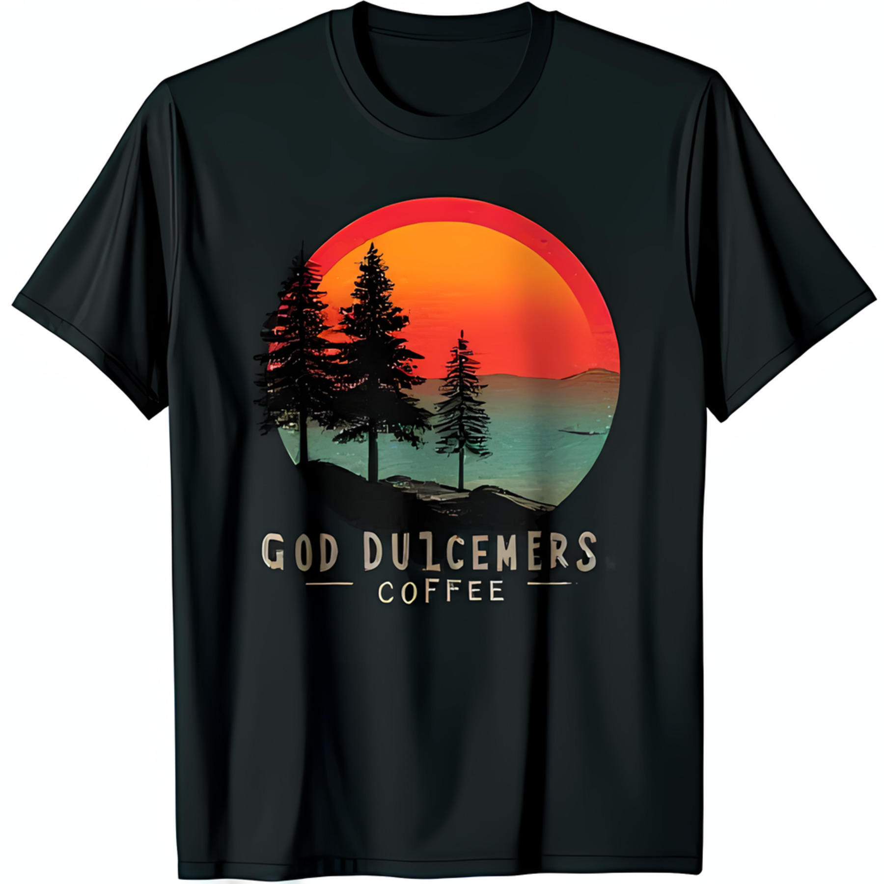 Retro Sunset Forest Black TShirt God Dulcimers Coffee Design