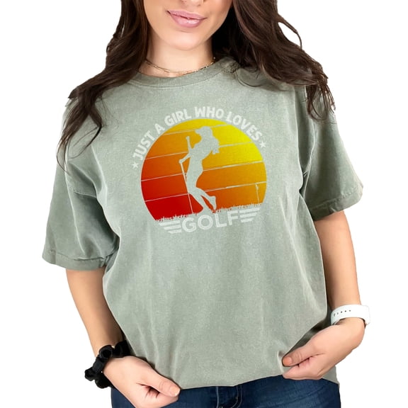 Retro Sunset Golf Silhouette Graphic, Moss Comfort Colors T-Shirt, Medium
