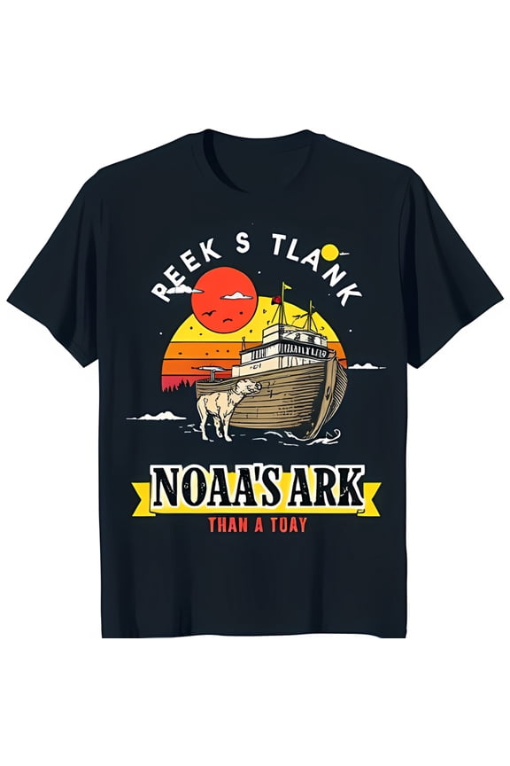 Retro Sunset Graphic Black T-Shirt with Noah's Ark Design Unique Vintage Style