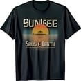 thumbnail image 1 of Retro Sunset Graphic Black T-Shirt with Pagoda Design Nostalgic 'SUNSEE' & 'SAUS & FRTH' Print, 1 of 5