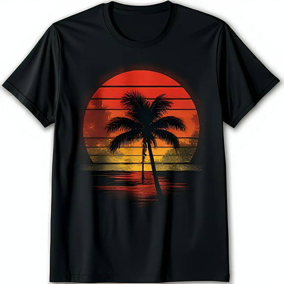 Retro Sunset Graphic Black T-Shirt with Tree Design Unique Style