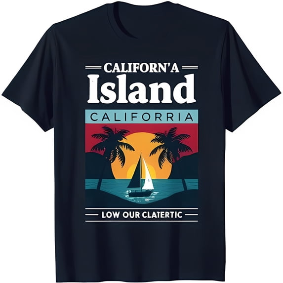 Retro Sunset Graphic Black T-Shirt with Tropical Island Design California Vibes