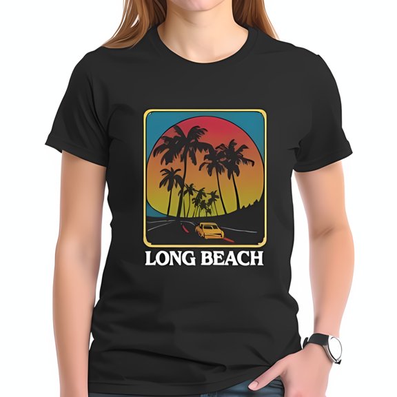 Retro Sunset Graphic Cotton Short Sleeve T-Shirt - Classic Car on Coastal Highway Long Beach Design Vintage Style