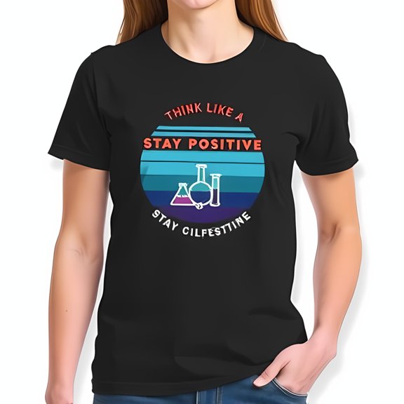 Retro Sunset Graphic Cotton Short Sleeve T-Shirt - Theme with Beakers & Flasks " Think Like A Stay Positive Stay Cilfesttine "