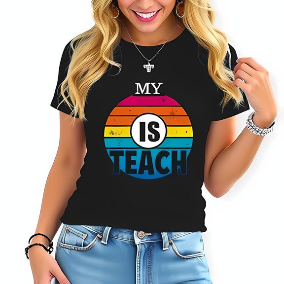 Retro Sunset Graphic Cotton Short Sleeve T-Shirt for Teachers - " MY IS TEACH " Stylish Design Casual Wear