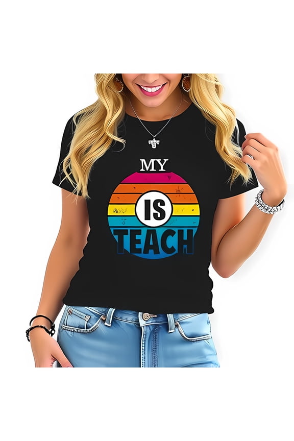 Retro Sunset Graphic Cotton Short Sleeve T-Shirt for Teachers - " MY IS TEACH " Stylish Design Casual Wear