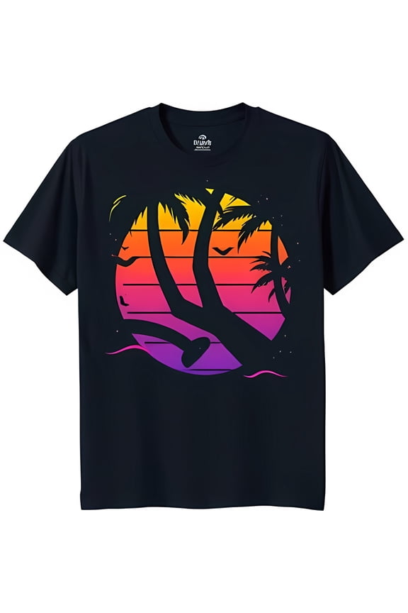 Retro Sunset Graphic T-Shirt Blue with Silhouetted Trees in Pink and Minimalist Summer Vibes Tee