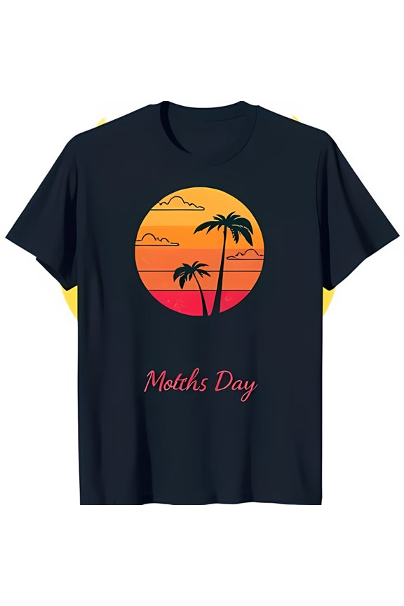 Retro Sunset Graphic T-Shirt Dark Blue Tee with Trees & Vibrant Sun