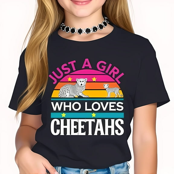 Retro Sunset Graphic Tee for Girls - "Just a Girl Who Loves Cheetahs" Navy Blue T-Shirt with Stars